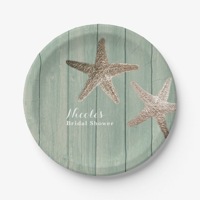 Plato De Papel Fiesta Personalizado Golden Starfish & Wood Elegan (Anverso)