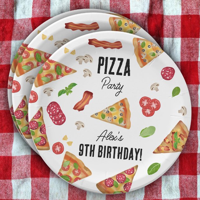 Plato De Papel Fiesta Pizza Acuarela Niños Fiesta de cumpleaños (Pizza Party Theme Watercolor Kids Birthday Party Paper Plates)