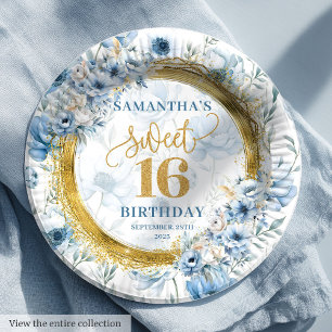Plato De Papel Fiesta Purpurina de oro Pastel Blue Sweet 16