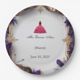 Plato De Papel Fiesta Real Elegante Quinceañera Purple y Gold
