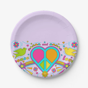 Plato De Papel Fiesta retro del flower power de la paz del hippy