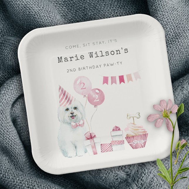 Plato De Papel Fiesta rosa Chica lindo perro cachorro de cualquie (Subido por el creador)