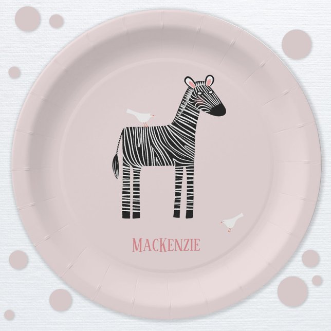 Plato De Papel Fiesta rosa de cebra suave (Cute Zebra personalized name paper party plates)