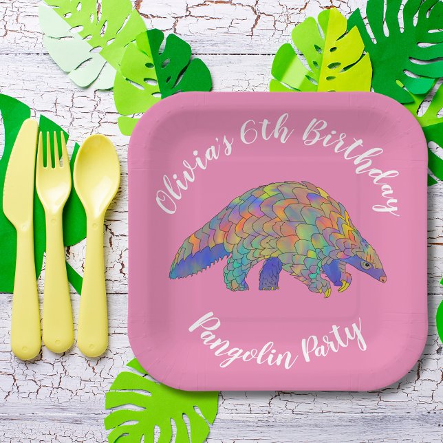 Plato De Papel Fiesta Rosa del Pangolín (Cute pangolin 6th birthday party personalized name pink paper plate)