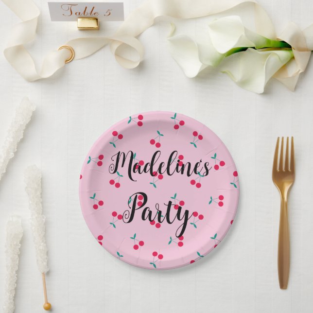 Plato De Papel Fiesta rosa del patrón de cerezas cerezas personal (Boda)