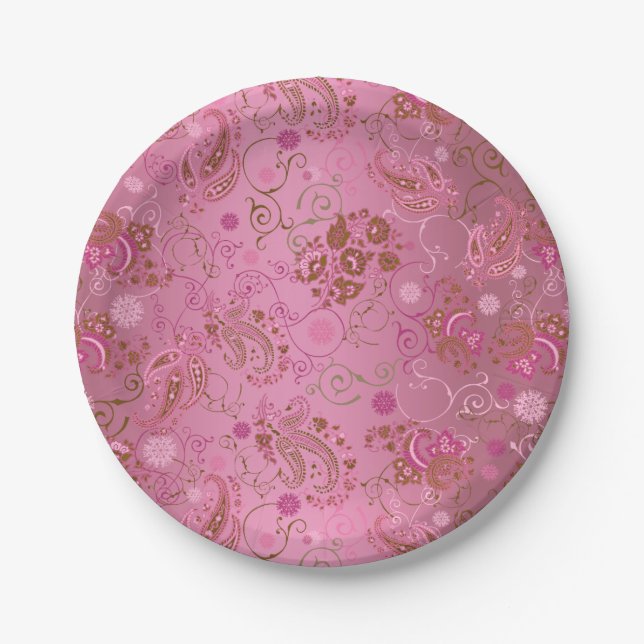 Plato De Papel Fiesta rosado de Paisley (Anverso)