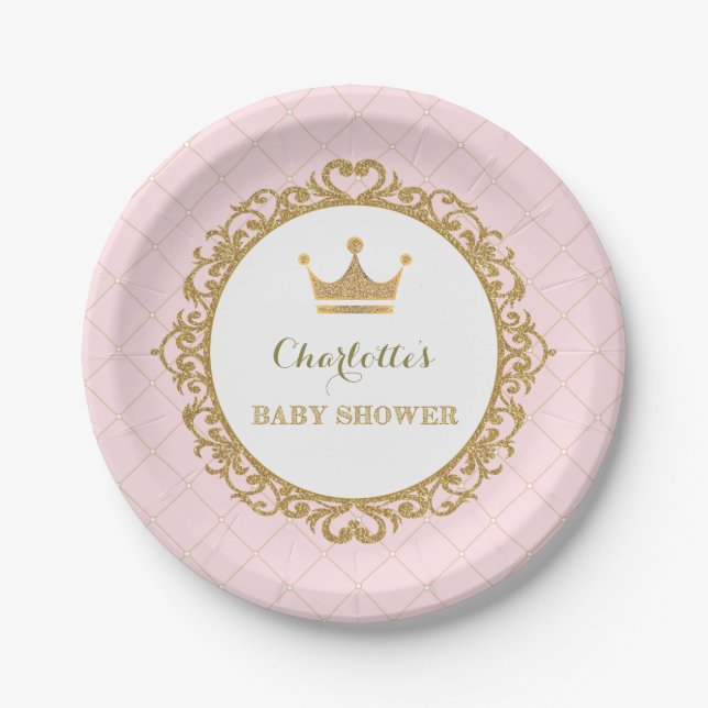 Plato De Papel Fiesta rosado de princesa Baby Shower del oro 7" (Anverso)