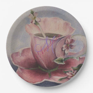PLATO DE PAPEL FIESTA ROSADO DEL MONOGRAMA DE LA TAZA DE TÉ DEL