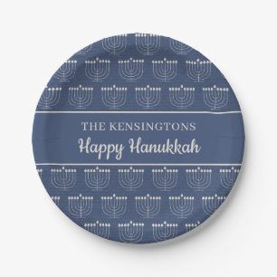 Plato De Papel Fiesta Rusa Menorah Blanca Azul Hanukkah