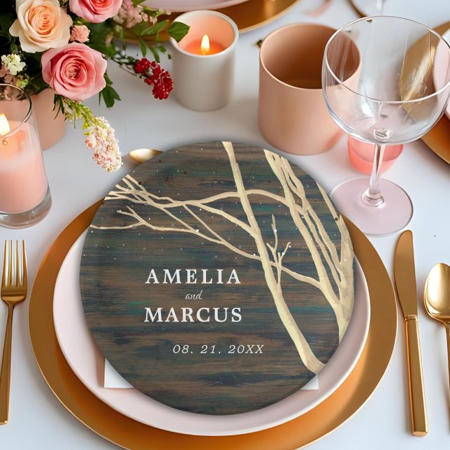 Plato De Papel Fiesta Rustic Dark Wood Winter Tree Wedding (Subido por el creador)