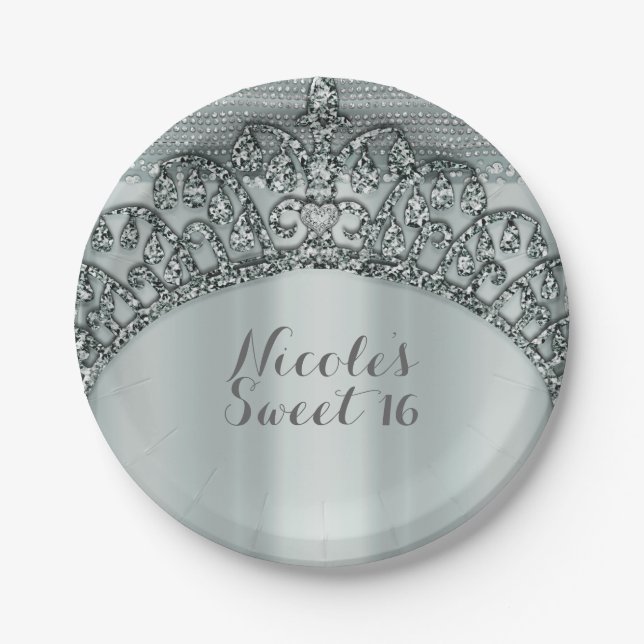 Plato De Papel Fiesta Silver Tiara Crown & Diamond Bling (Anverso)