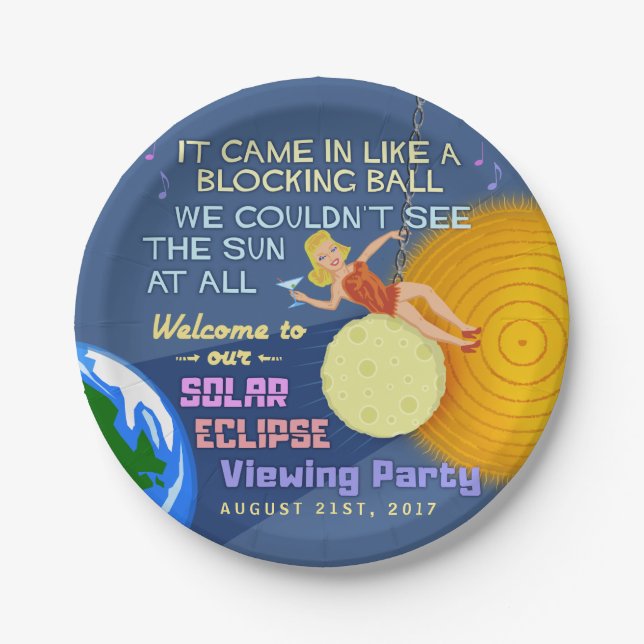 Plato De Papel Fiesta Sun retro divertido del eclipse solar que (Anverso)