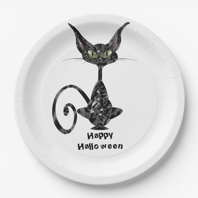 Plato De Papel Fiesta supersticioso de Halloween del gato negro (Anverso)