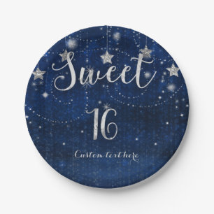 Plato De Papel Fiesta Sweet 16 Brillante Azul y Plateado Estrella