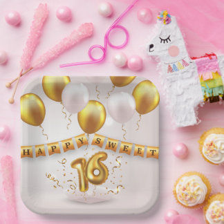 Plato De Papel Fiesta Sweet 16 de Resplandor Dorado