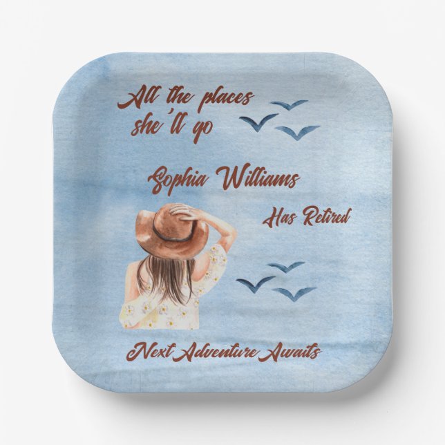 Plato De Papel Fiesta temática de viaje de jubilación acuarela (Anverso)