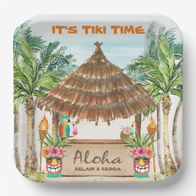 Plato De Papel Fiesta Tiki | Oleaje de Isla de Playa Tropical (Anverso)