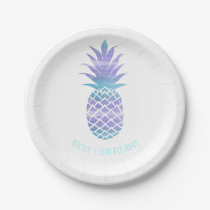 Plato De Papel Fiesta Tropical Chic de Piña Purpura y Verde Acuát