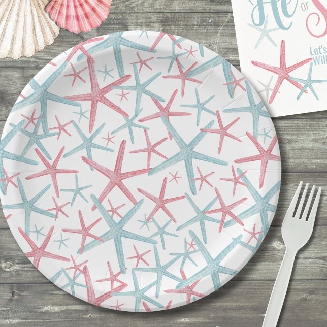 Plato De Papel Fiesta Tropical Summer Beach (Teal Pink Coastal Tropical Starfish Summer Beach Paper Plates)