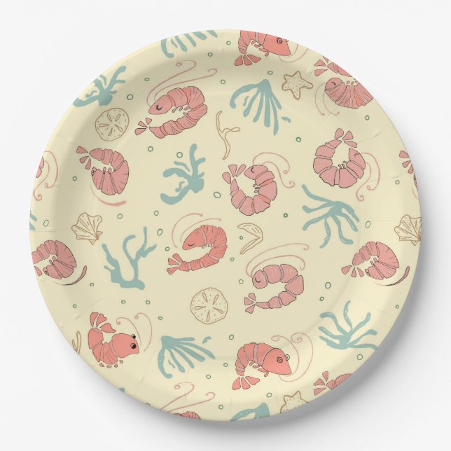 Plato De Papel Fiesta veraniega de camarones caprichosos dibujado (Anverso)