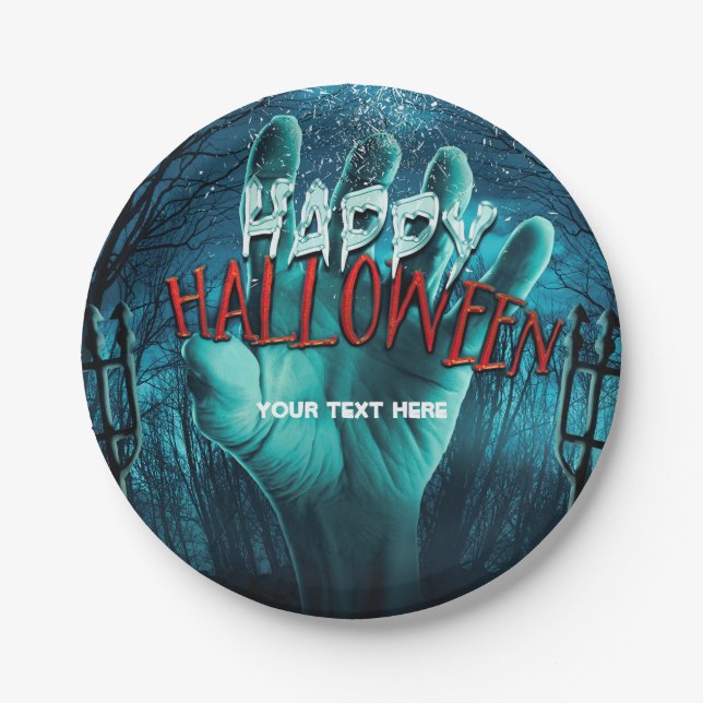 Plato De Papel Fiesta Zombie Feliz Halloween (Anverso)