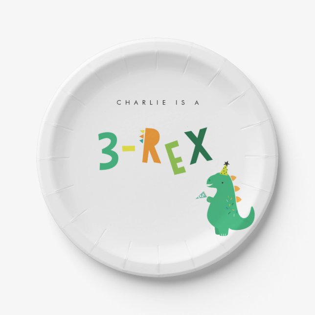 Plato De Papel Fiestas de dinosaurios de 3 Rex para tercer cumple (Anverso)