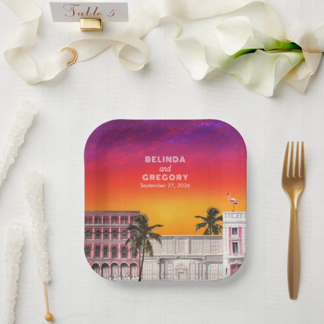 Plato De Papel Fila de Arcoíris de Miami Beach Boda de Palma de C (Boda)