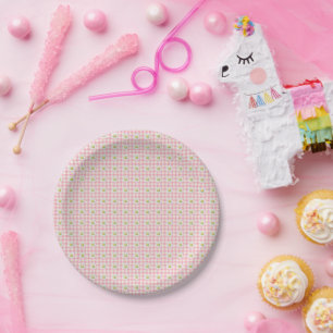 Plato De Papel Filas de margaritas en gingham rosa