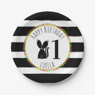 Plato De Papel Filas de Pompom Skunk Cumpleaños