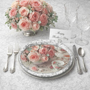 Plato De Papel Filigrana con Rosas Rosadas Día de la Madre