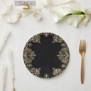 Plato De Papel Filigrana negra y dorada caída