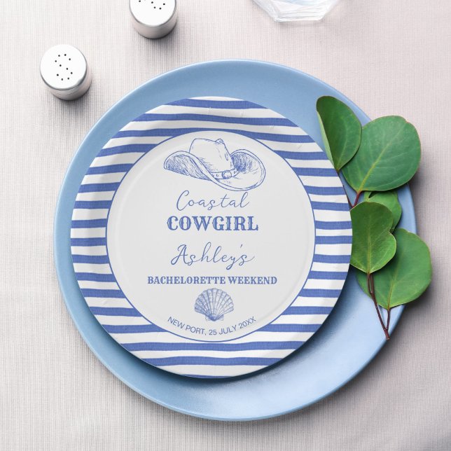 Plato De Papel Finalidad de semana de Bachelorette Coastgirl impr (Coastal Cowgirl Bachelorette weekend party personalized printed Paper Plates dusty blue nautical)