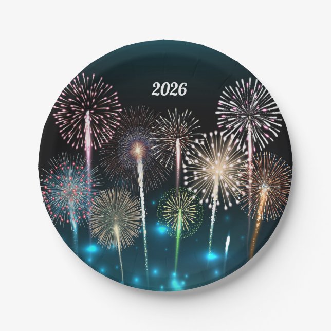 Plato De Papel  Fireworks Happy New Year 2026 (Anverso)