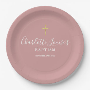 Plato De Papel Firma Bautizo Cristiana Rosa Polvo Rosa