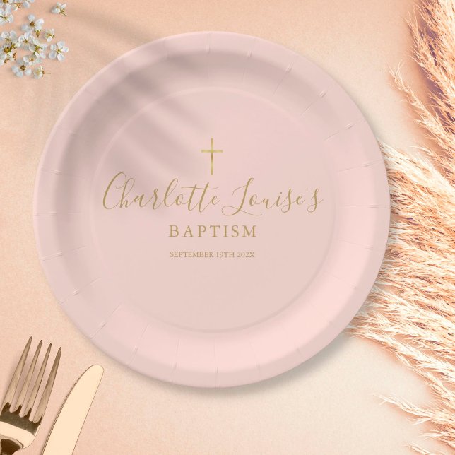 Plato De Papel Firma dorada Bautismo Christina Rubor Rosa (Subido por el creador)
