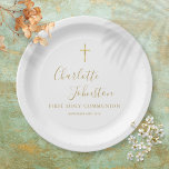 Plato De Papel Firma dorada moderna Primera Santa Comunión<br><div class="desc">Con el nombre de la firma del guión dorado. Personaliza con tu información especial de la comunión sagrada en letras de oro de moda. Diseñado por Thisisnotme©</div>
