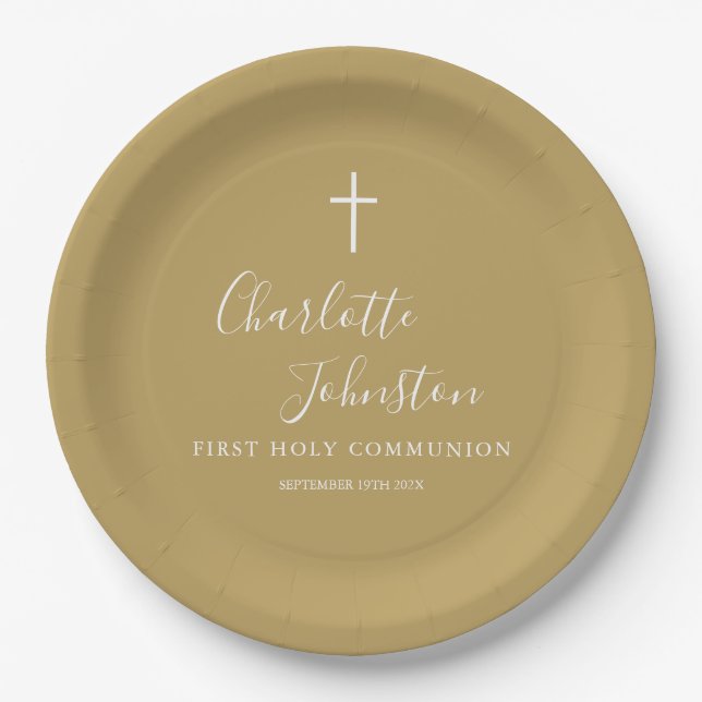 Plato De Papel Firma Script First Holy Communition Gold (Anverso)