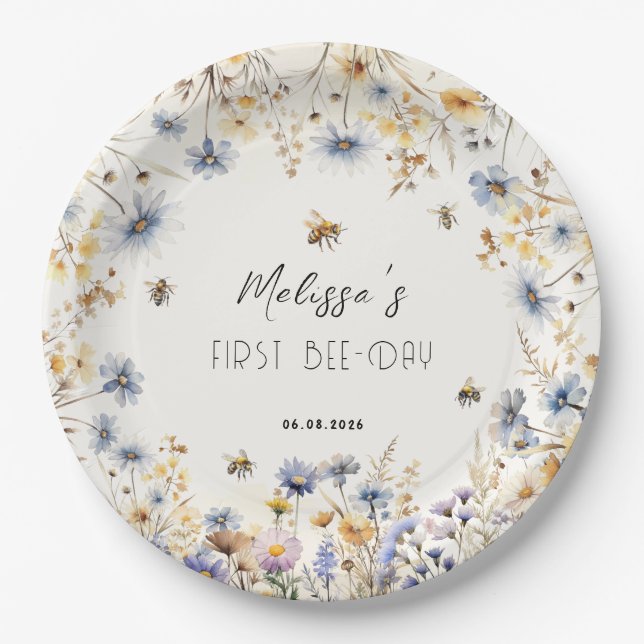 Plato De Papel First Bee Day - Floral 1st Birthday  (Anverso)