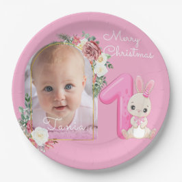 Plato De Papel First Christmas Pink Baby Girl Photo floral