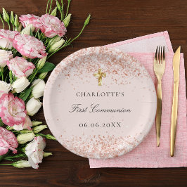 Plato De Papel First Communion blush rose gold glitter name