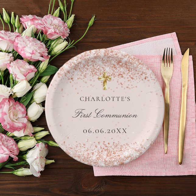 Plato De Papel First Communion blush rose gold glitter name (Subido por el creador)