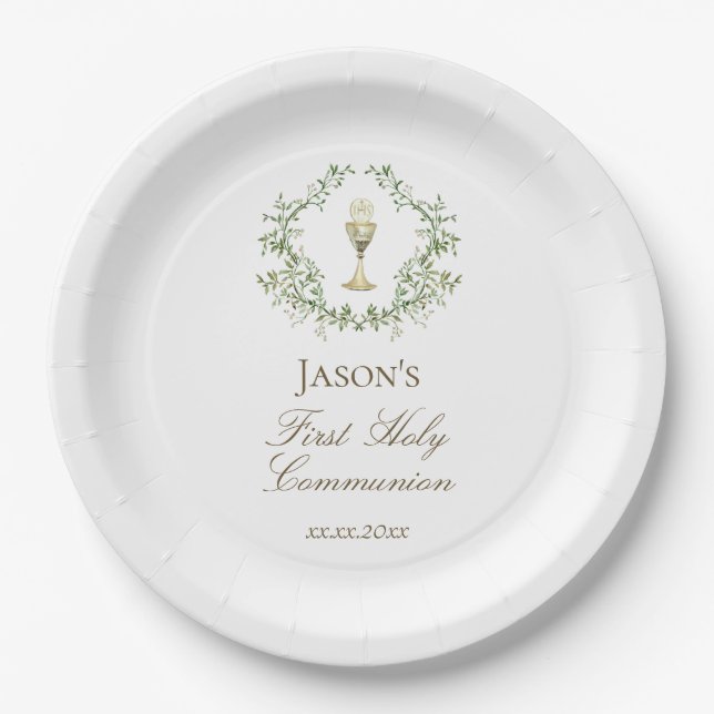 Plato De Papel First Communion greenery crest chalice (Anverso)