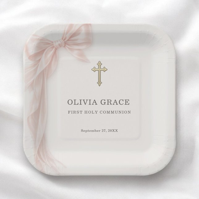 Plato De Papel First Holy Communion Pink Coquette Bow Girl  (Subido por el creador)