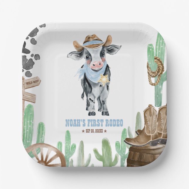 Plato De Papel First Rodeo 1st Birthday Baby Cow (Anverso)