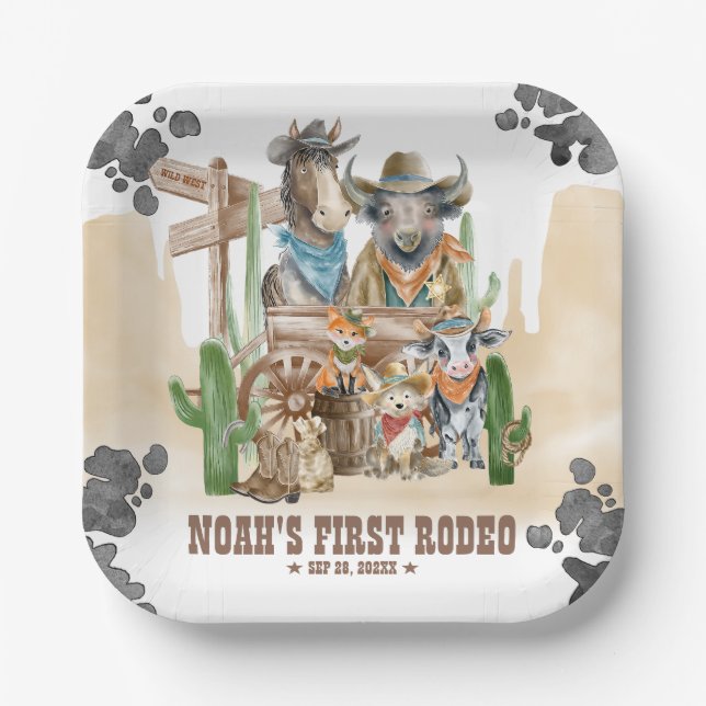Plato De Papel First Rodeo 1st Birthday Cute Animals Wild West (Anverso)
