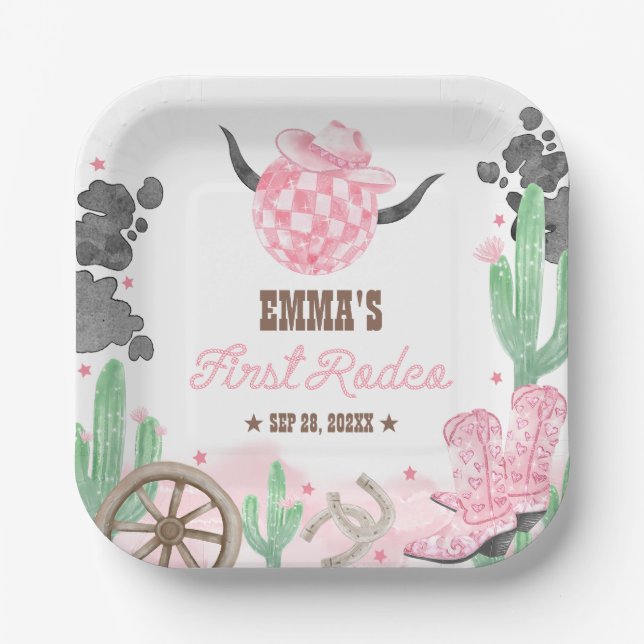 Plato De Papel First Rodeo 1st Birthday Pink Boho Wild West (Anverso)