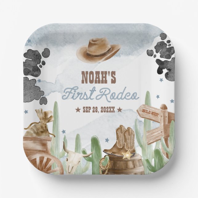 Plato De Papel First Rodeo 1st Birthday Rustic Wild West (Anverso)