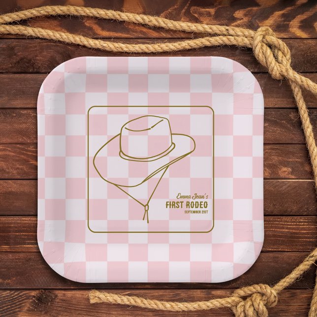 Plato De Papel First Rodeo Western Pink Checkered 1st Birthday (First Rodeo Western Pink Checkered 1st Birthday Paper Plates)