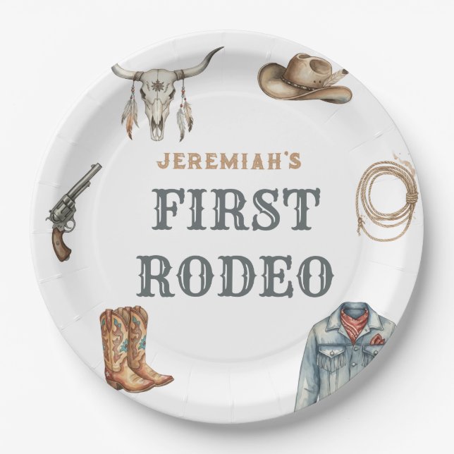 Plato De Papel First Rodeo Wild West Cowboy Blue Birthday (Anverso)