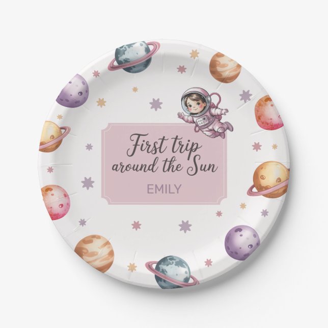 Plato De Papel First Trip Around the Sun Girl Birthday Astronaut (Anverso)